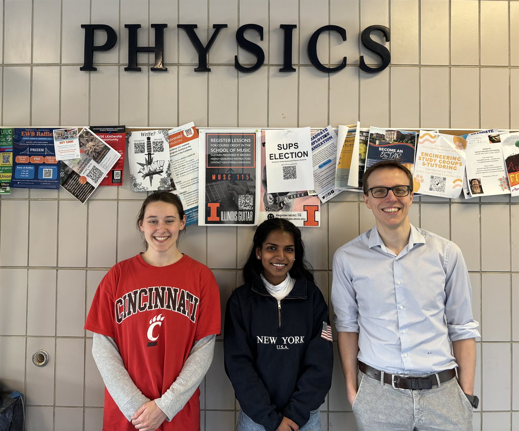 From left to right: Sam Lund (Clare Boothe Luce Research Scholar 2023-24), Nivedha Vasanth (DaRin Butz Research Scholar 2024-2025) and Riccardo Longo (Research Mentor of Sam and Nivedha)